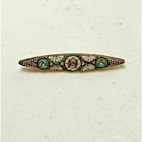Antique Victorian Micro Mosaic Bar Brooch Pin Italian Hallmark 